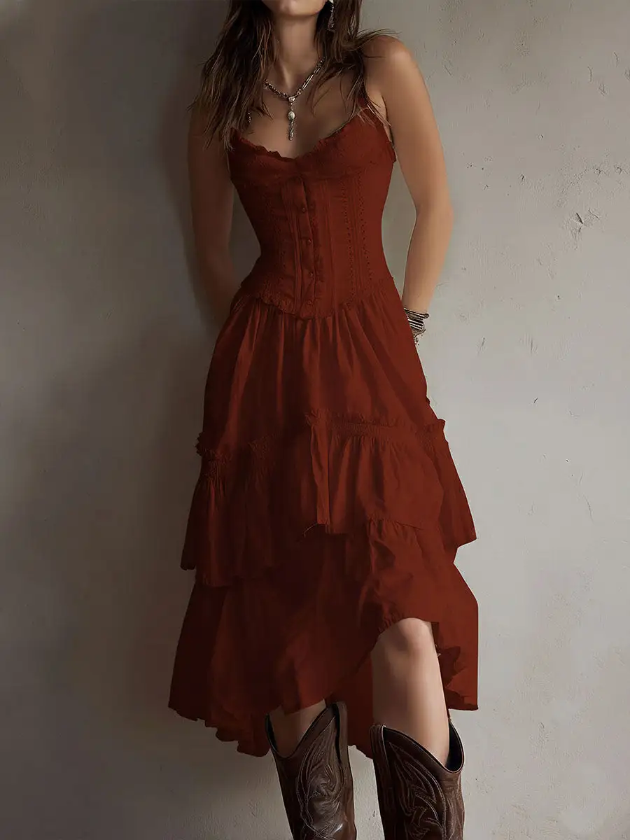 Retro Boho Corset Tiered Midi Dress With Lace-Trim