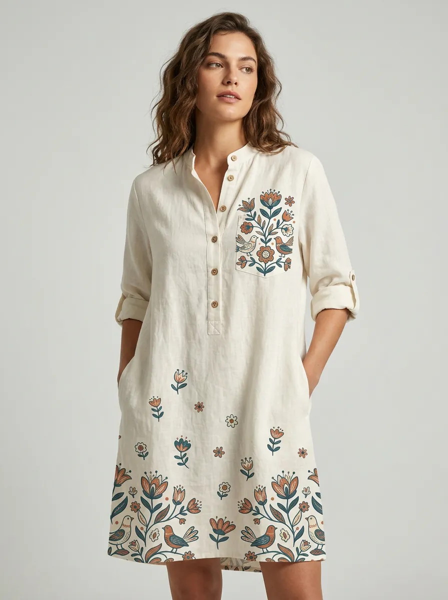 Boho Floral Bird Folk Art Linen Shirt