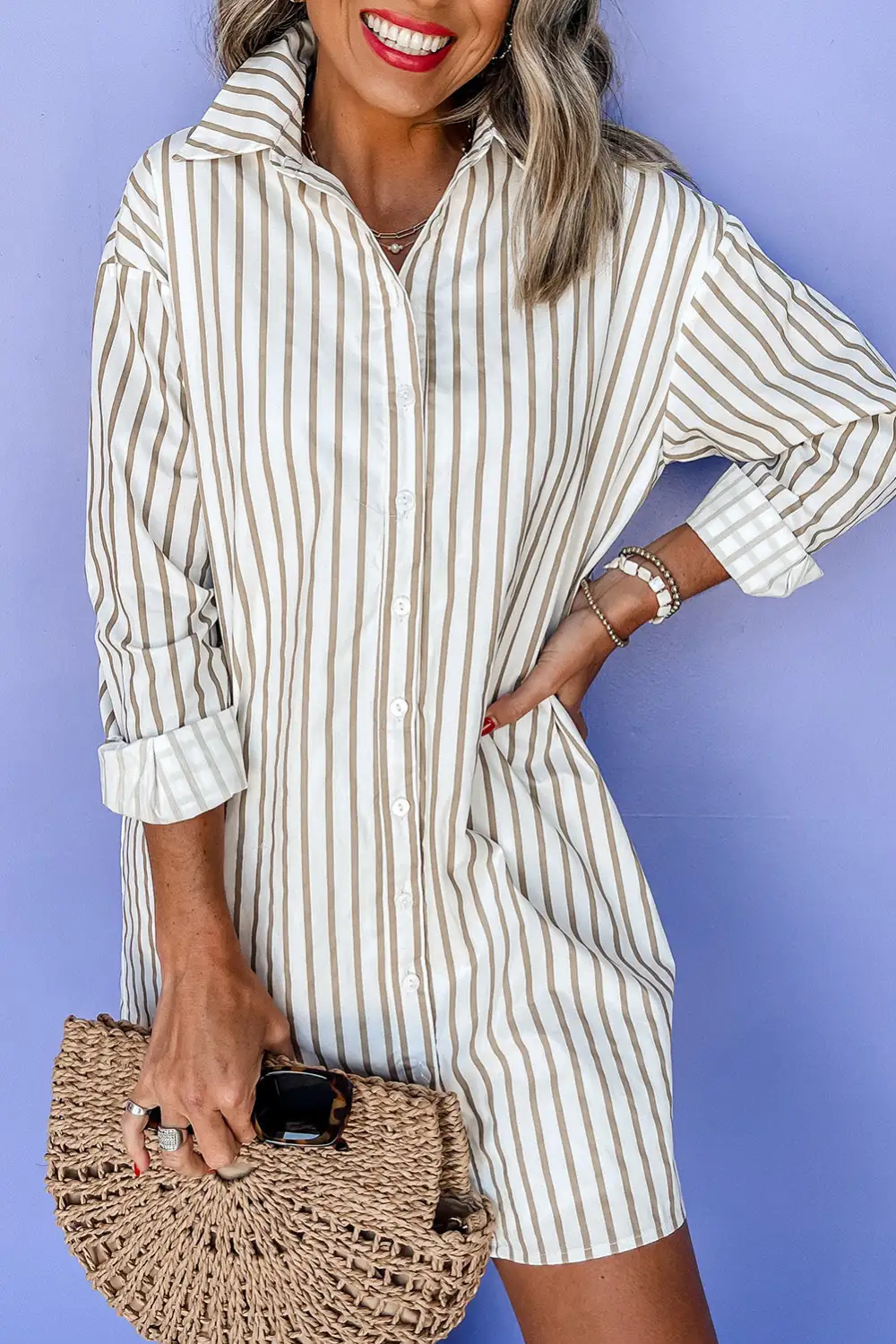 Striped Button Front Long Sleeve Mini Dress