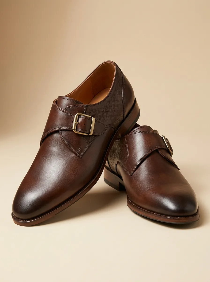 Men's Business Formal Woven Pattern Buckle Monk Strap Leather Shoes