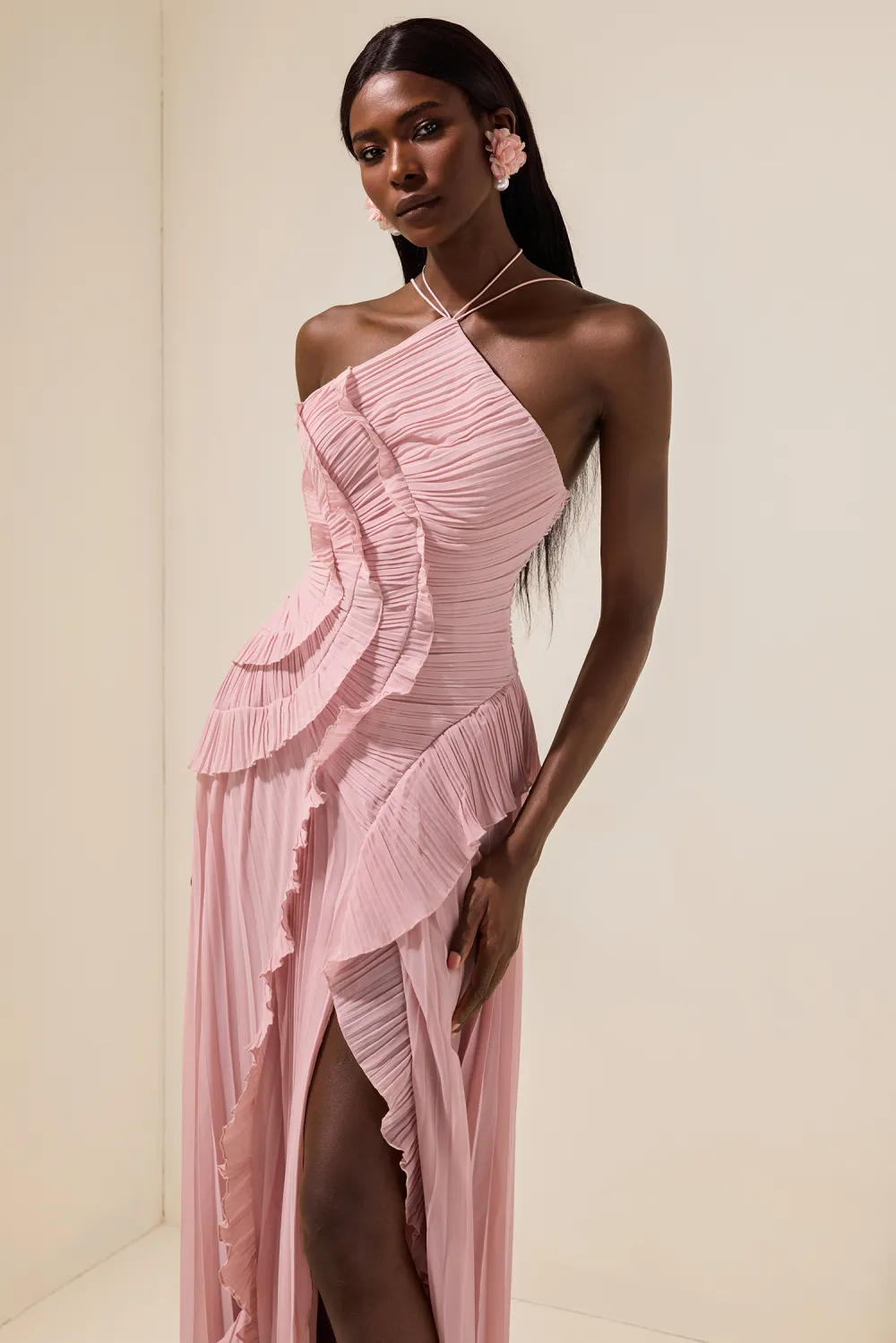 Pleated Frill Halter Neck Midi Dress