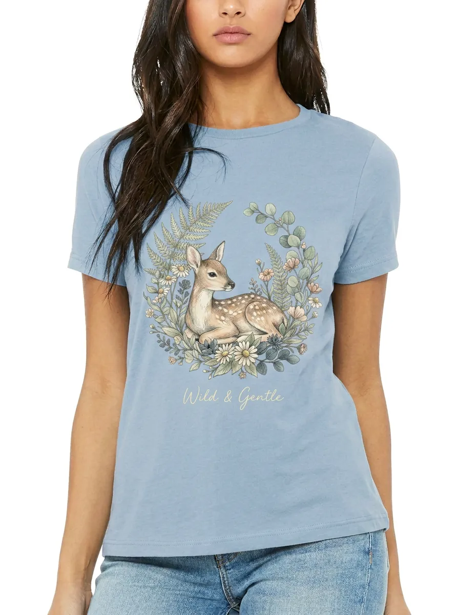 Women's Nature Lover Fawn Floral Wreath Printed T-shirt