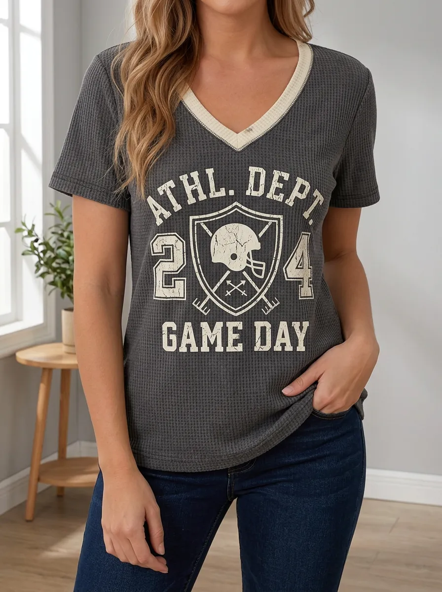 Women's Football Game Day Helmet Shield Printed Waffle Knit Top