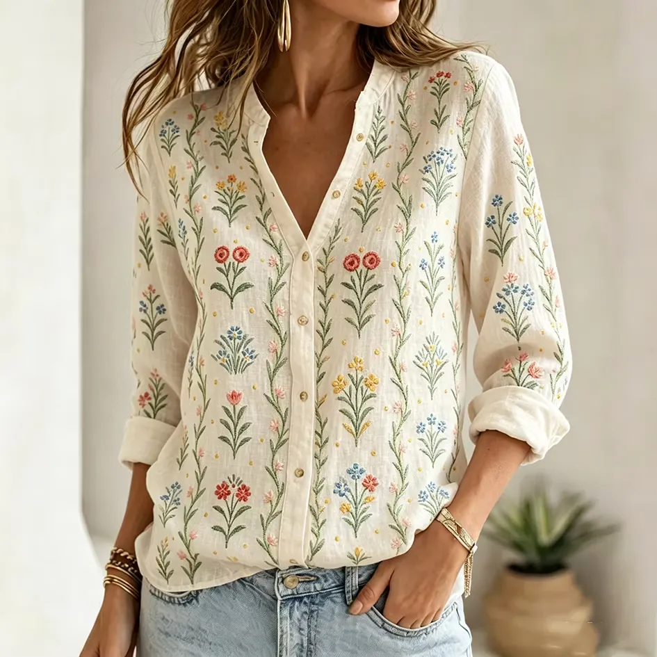 Women's Floral Embroidery Pattern Casual Linen Shirt