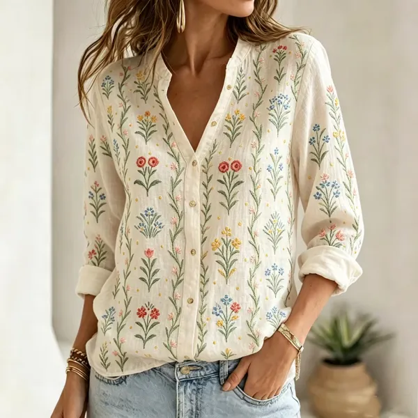 Women's Floral Embroidery Pattern Casual Linen Shirt