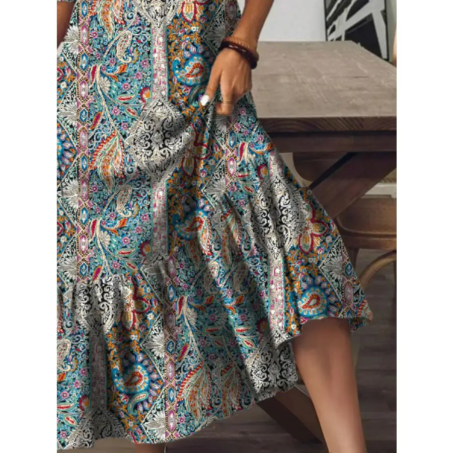 Full Size Bohemian Paisley V-Neck Midi Dress Plus Size