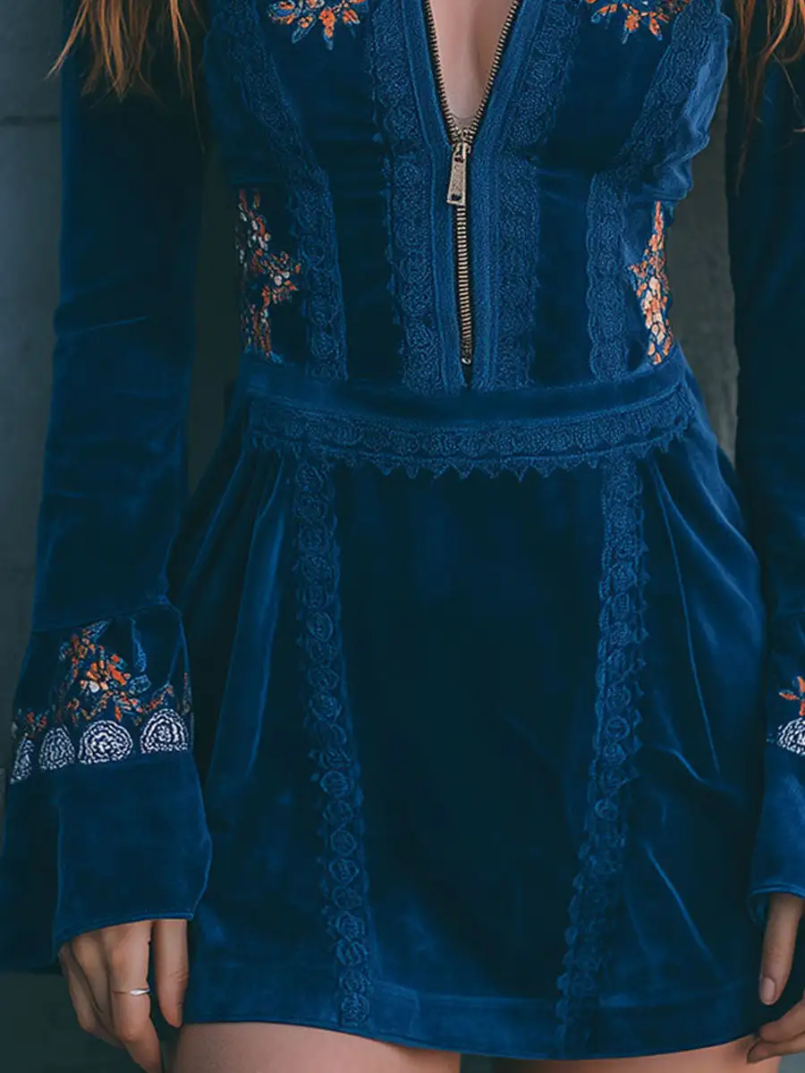 Boho Blue Velvet Zipper Front Lace Trim Embroidered Mini Dress