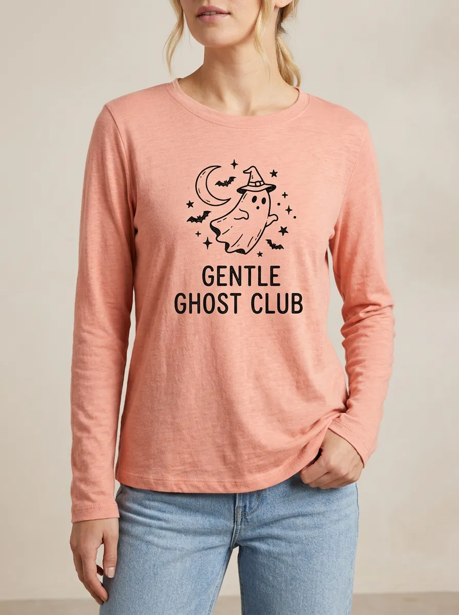 Ghost Moon Bat Halloween Cotton Linen Long Sleeve Top