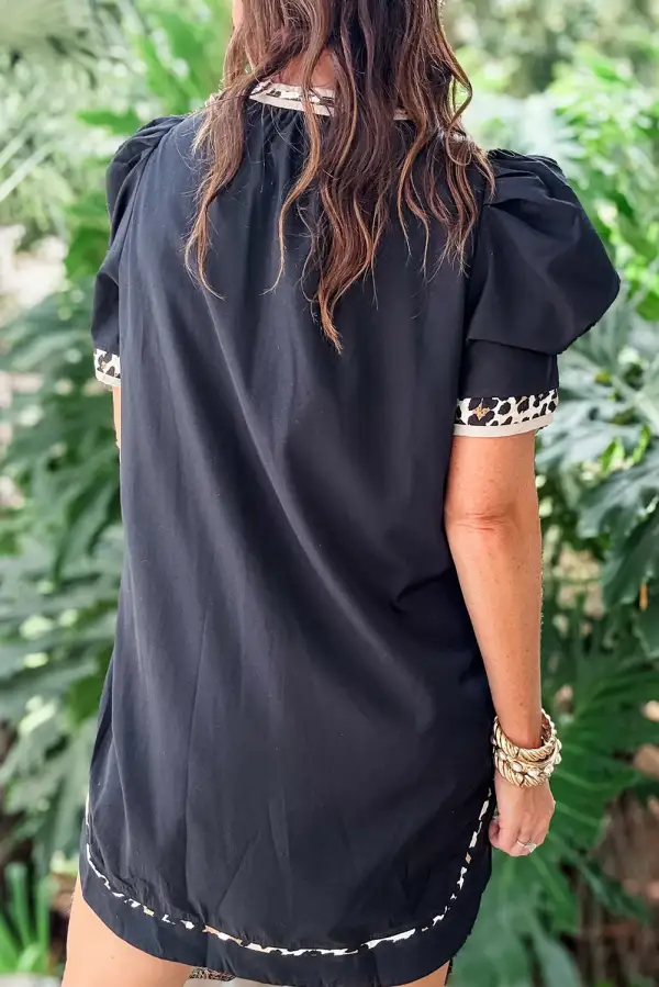 Leopard Trim Notched Neck Short Puff Sleeve Shift Mini Dress