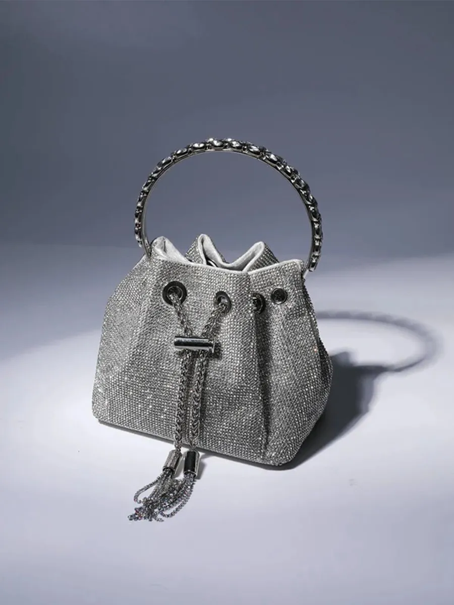 Mattea Crystal Embellished Bucket Bag In Silver