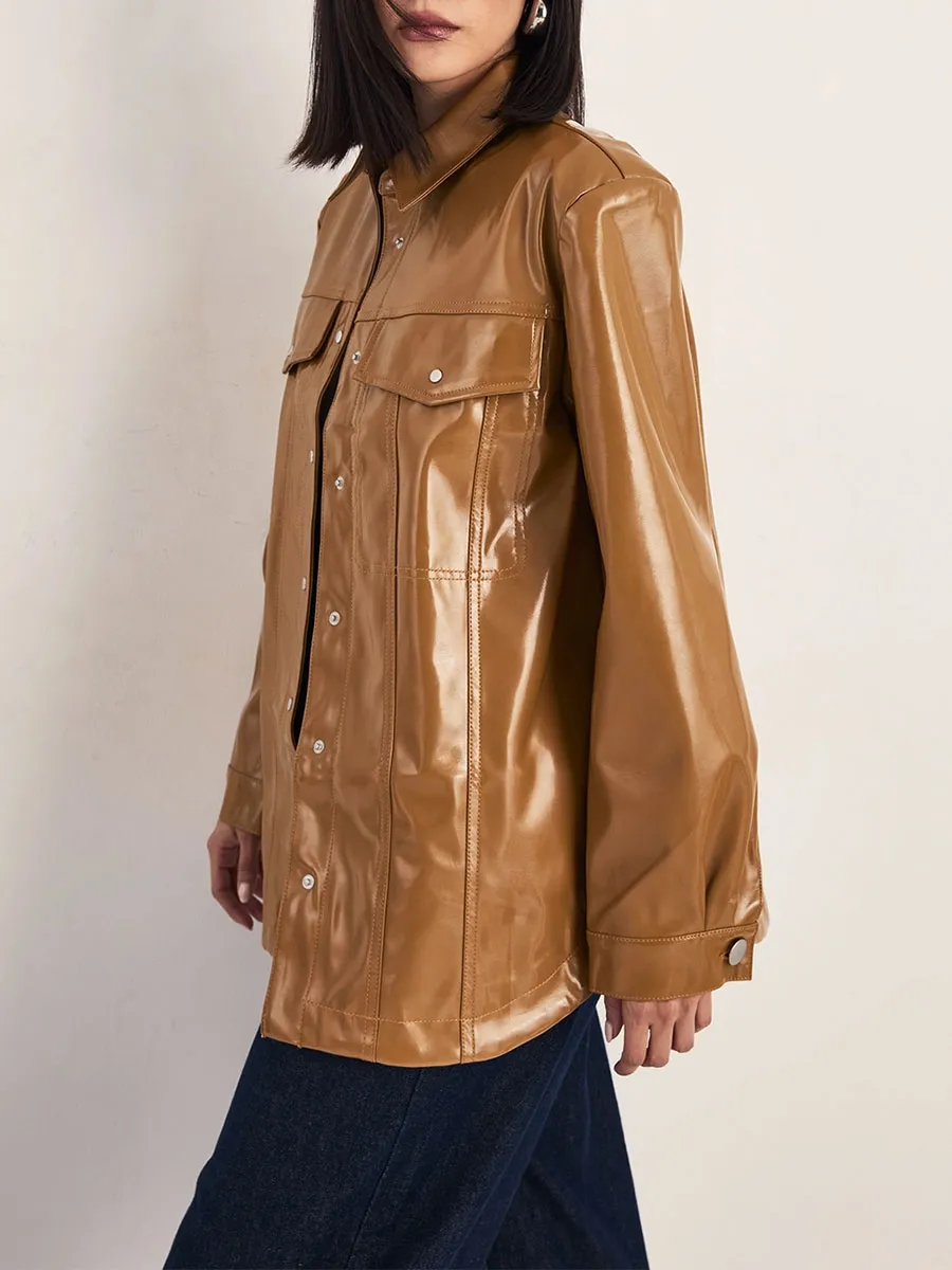 Women's Oversized Shiny Leather Collared Jacket