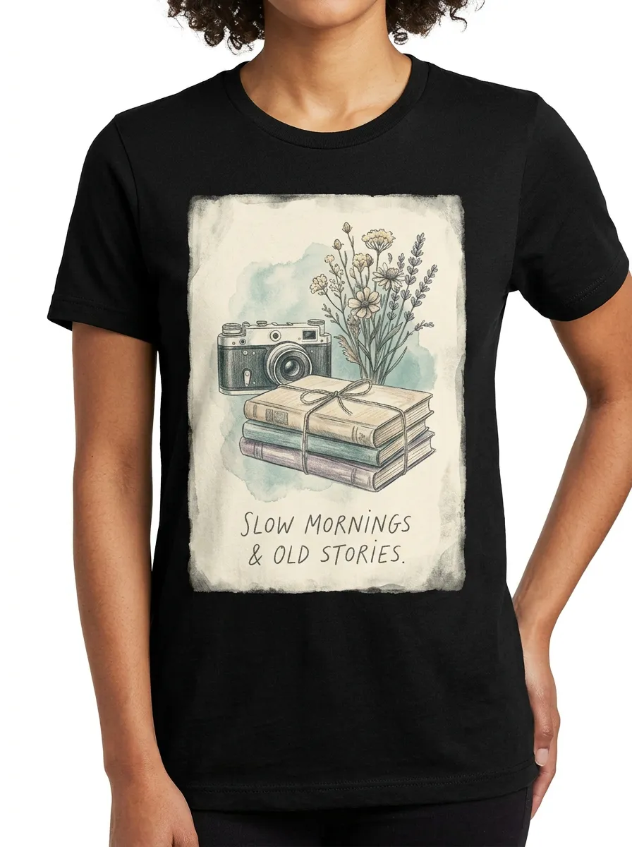 Women's Book Lover Vintage Camera Flower Printed T-shirt