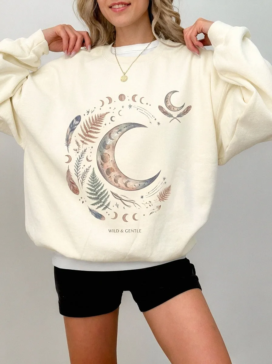 Women's Celestial Moon Fern Feather Printed Sweatshirt