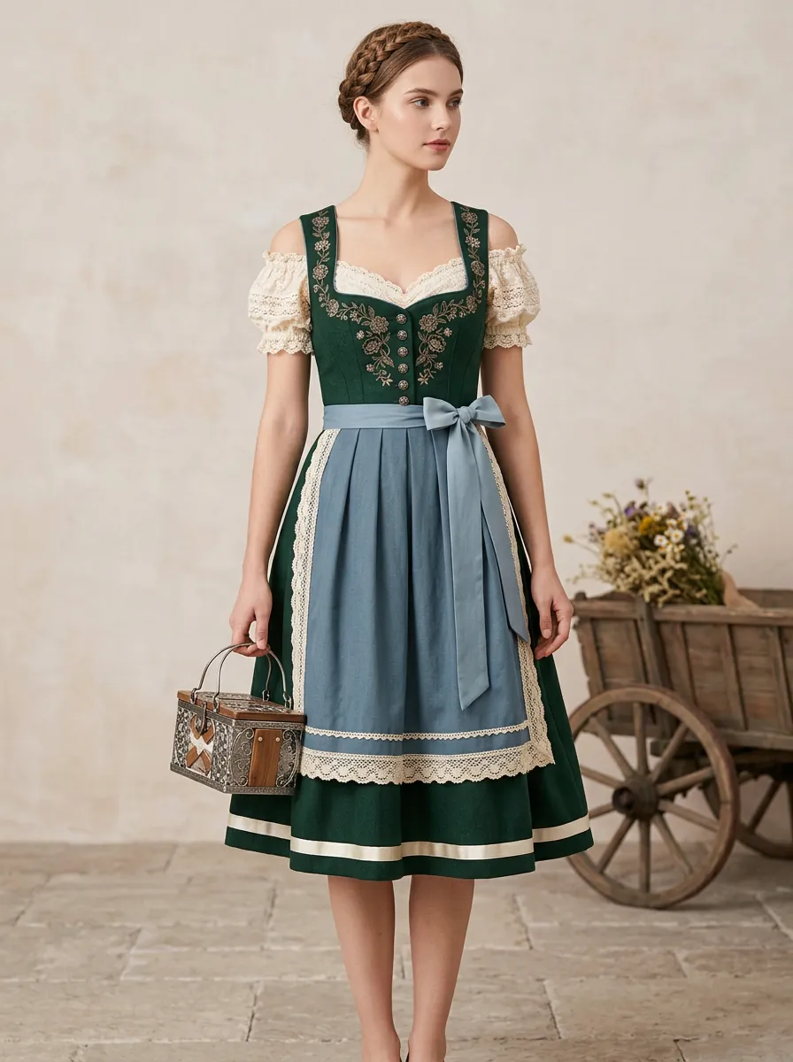 Floral Embroidered Square Neck Lace Blouse Traditional Women's Bavarian Oktoberfest Dirndl Dress