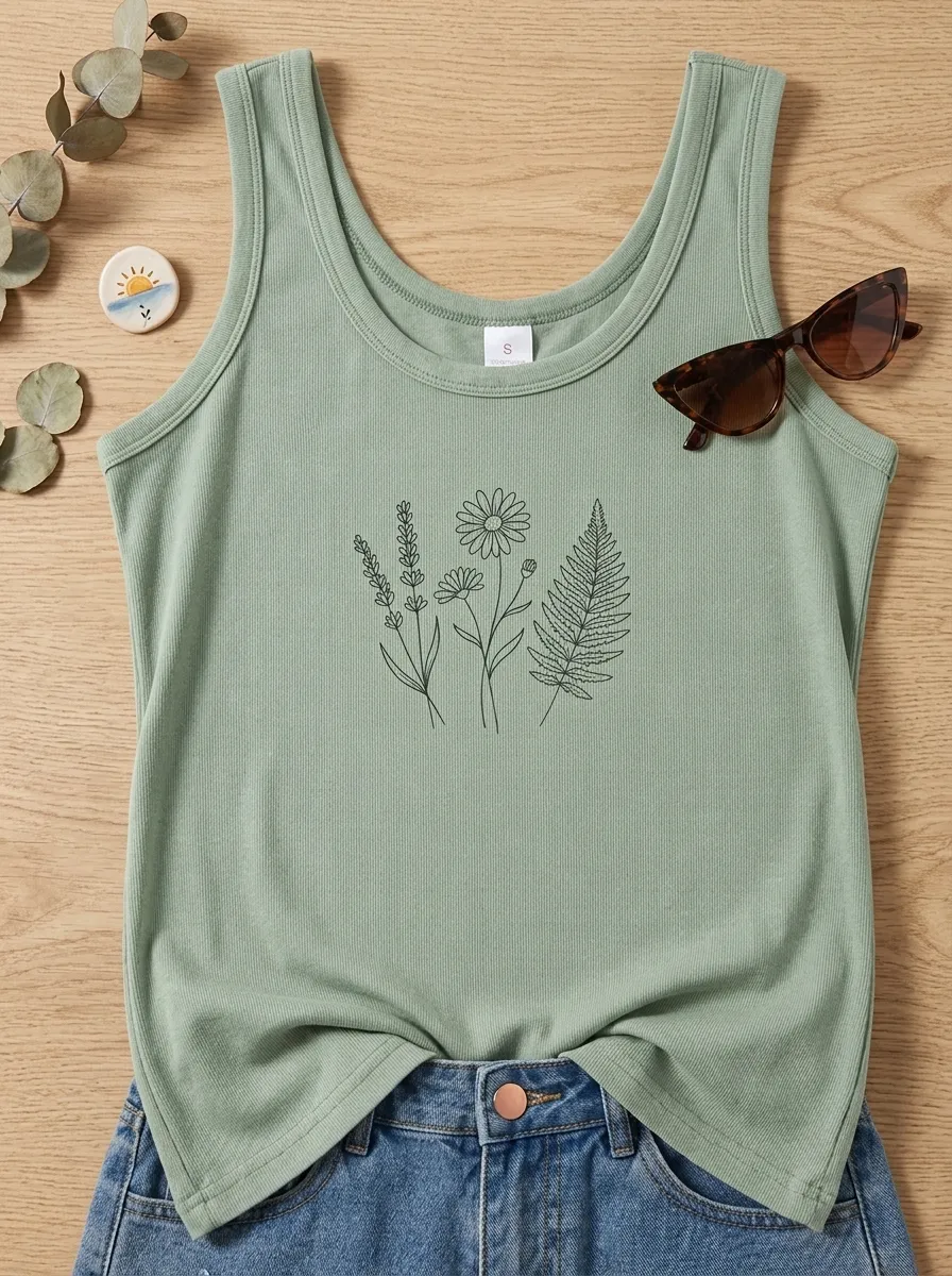Botanical Nature Lover Wildflower Fern Printed Tank Top