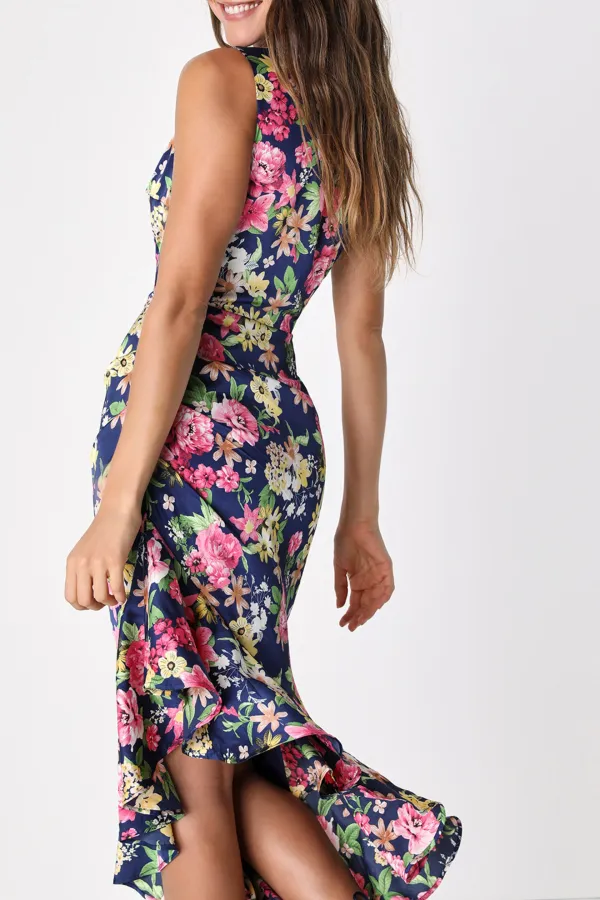Casual Style Multi Floral One-Shoulder Midi Dress