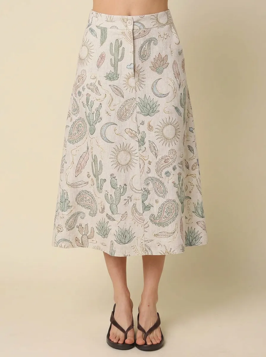 Women's Boho Cactus Paisley Sun Moon Printed Midi Skirt