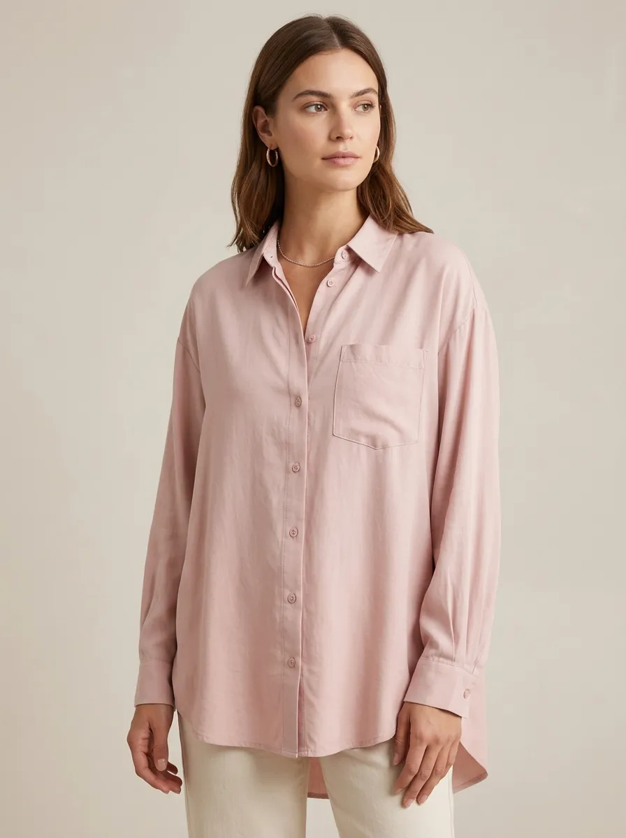 Women's Casual Pink Solid Color Button Down Long Sleeve Shirt