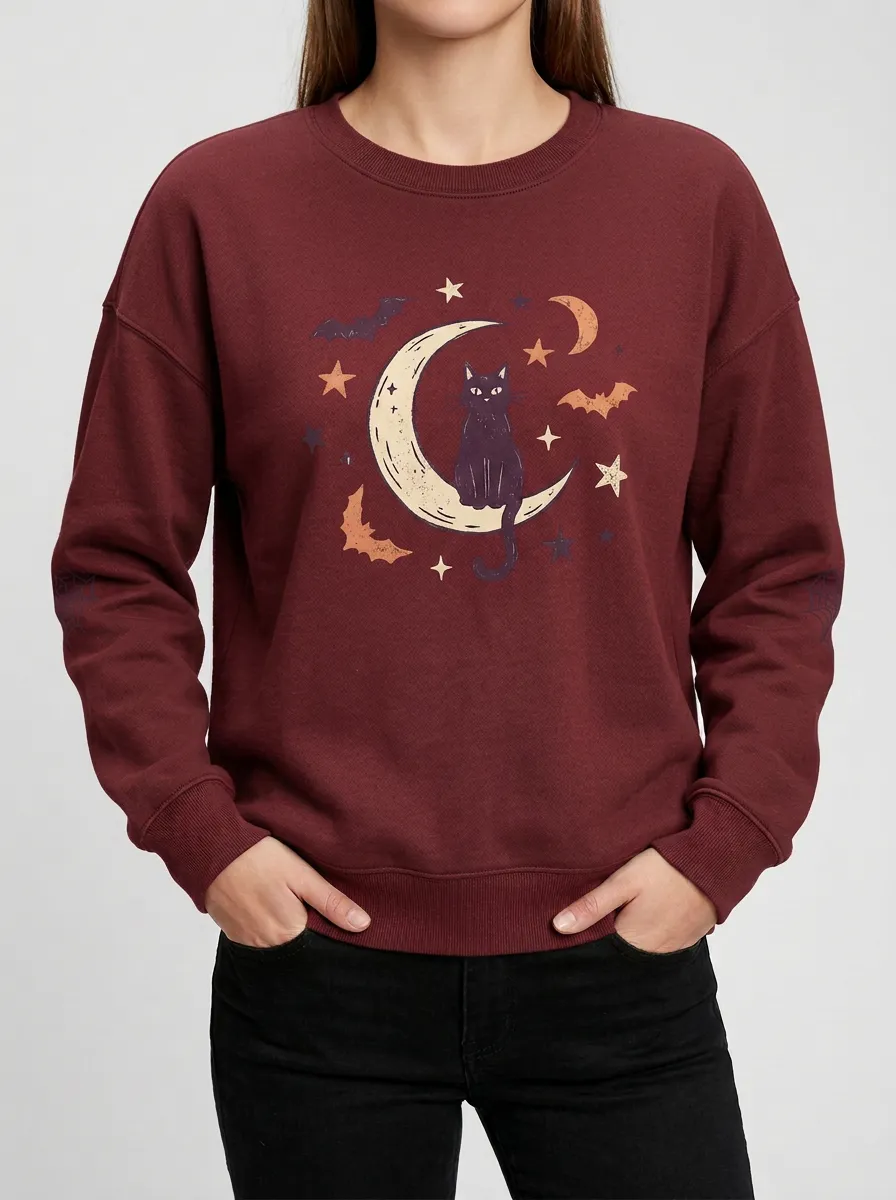 Women's Halloween Black Cat Moon Bats Printed Sweatshirt