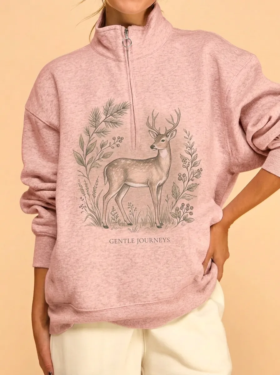 Women's Nature Lover Deer Botanical Printed Quarter Zip Sweatshirt