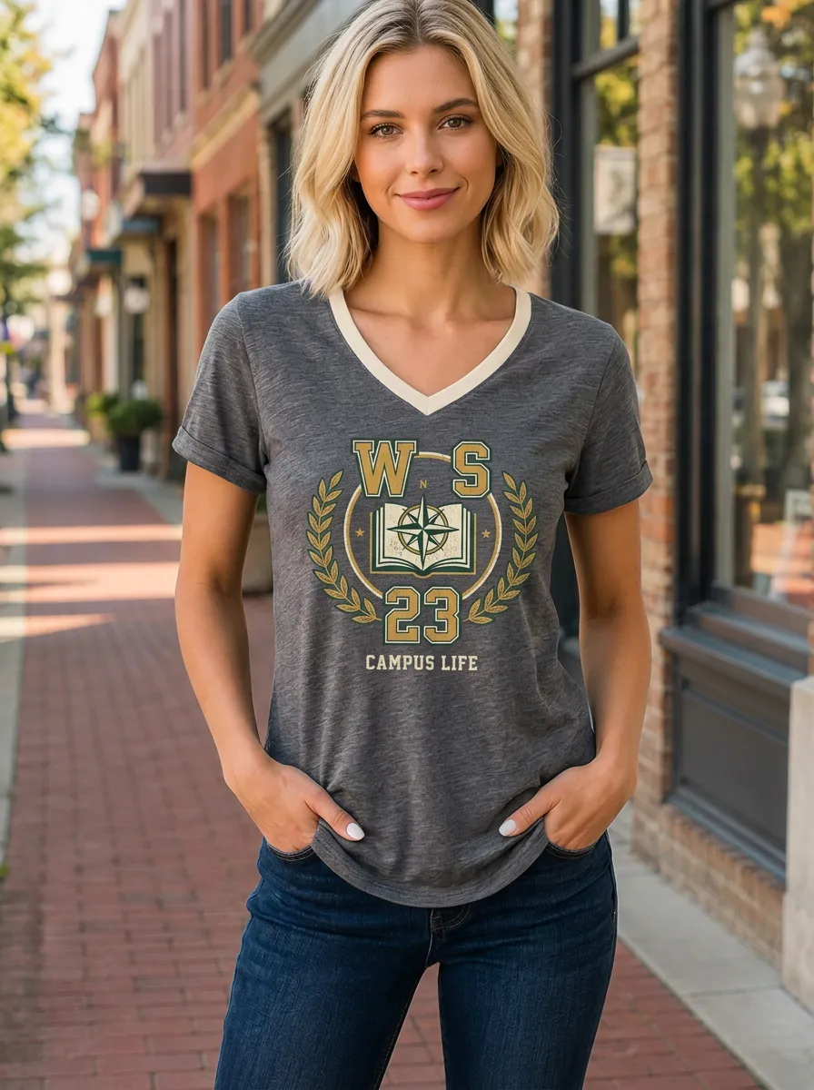 Women's Campus Life Book Compass Printed V-neck T-shirt