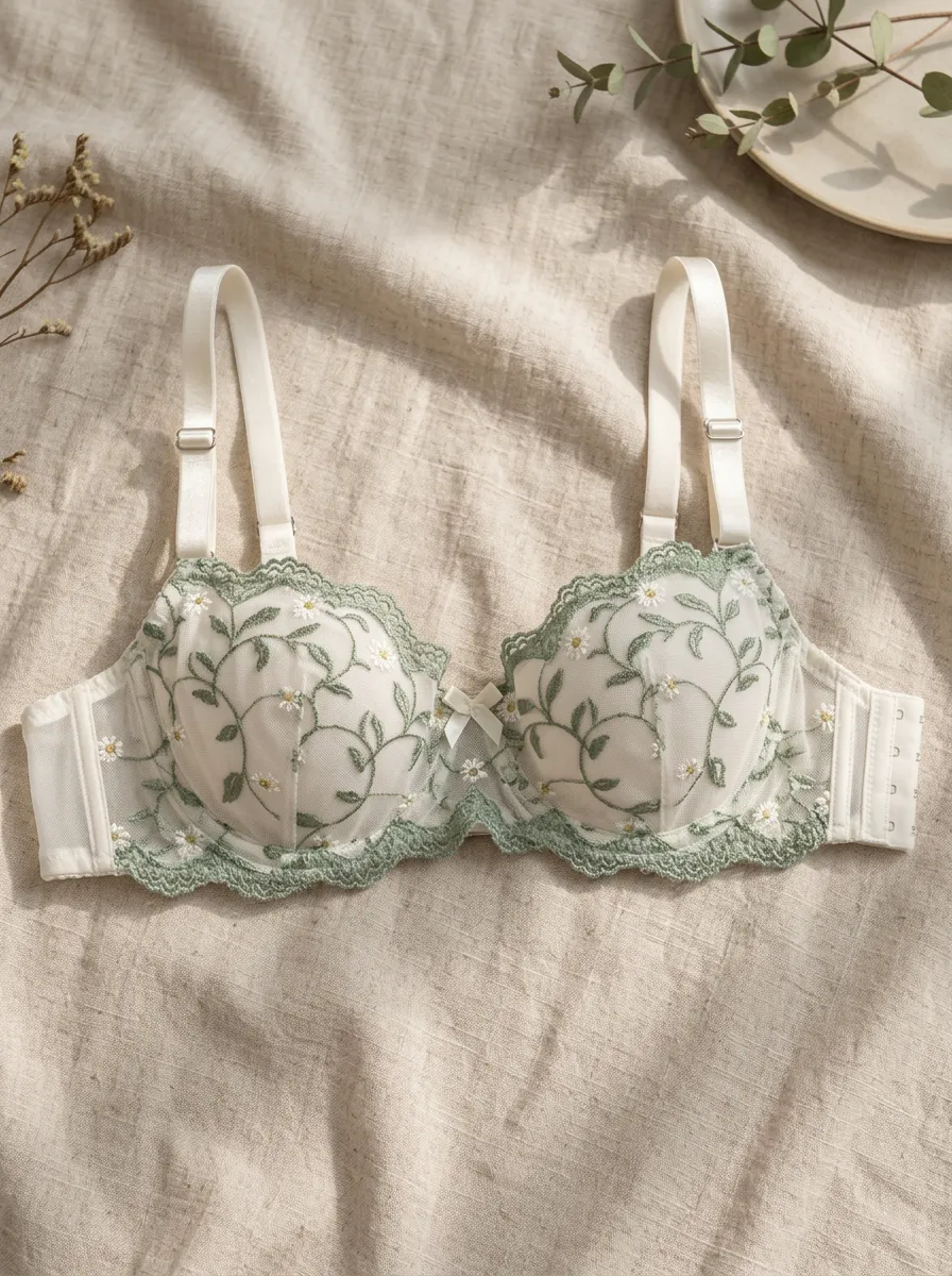 Women's Floral Daisy Embroidered Mesh Underwire Bra