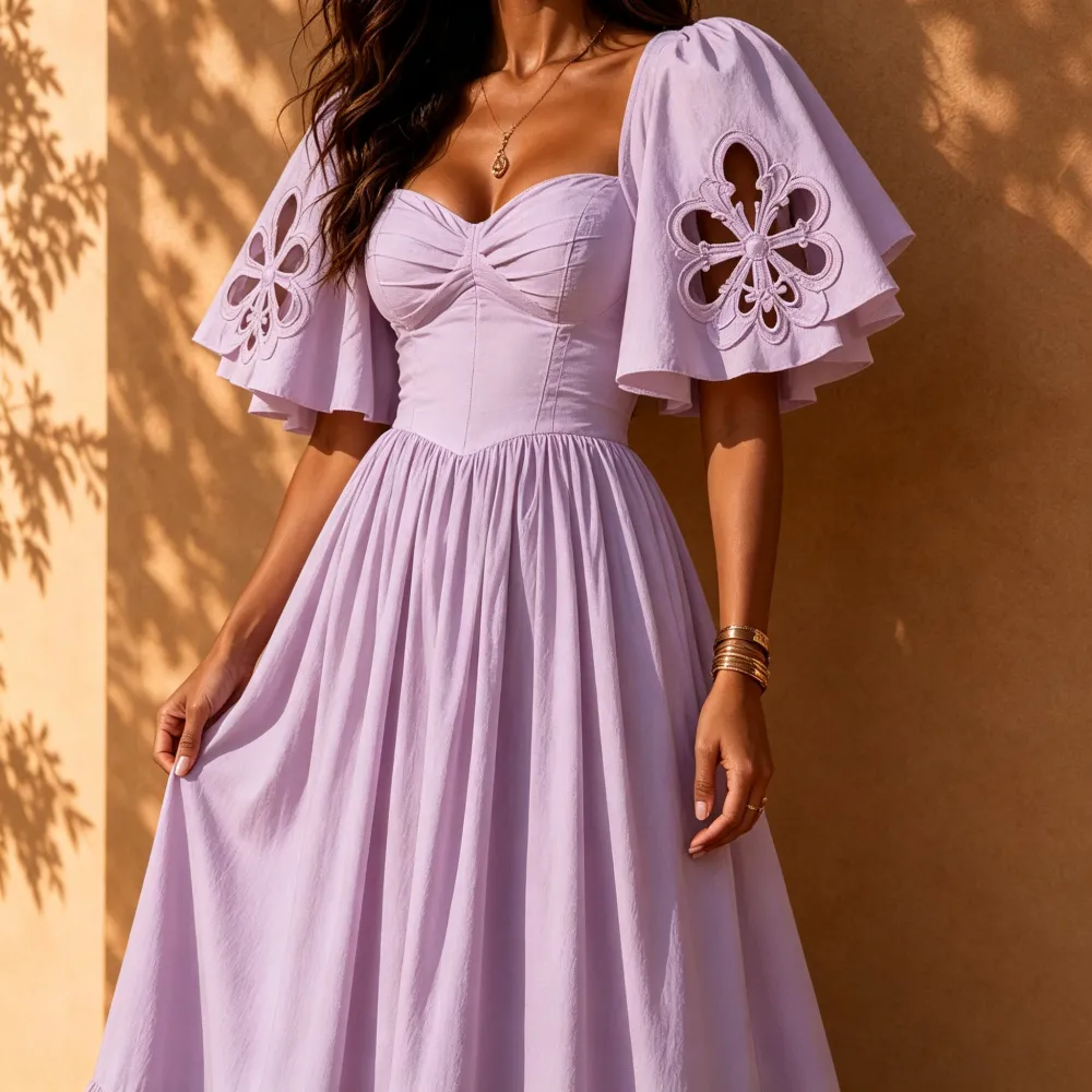 Elara Lavender Cut-Out Flutter Sleeve Maxi Dress