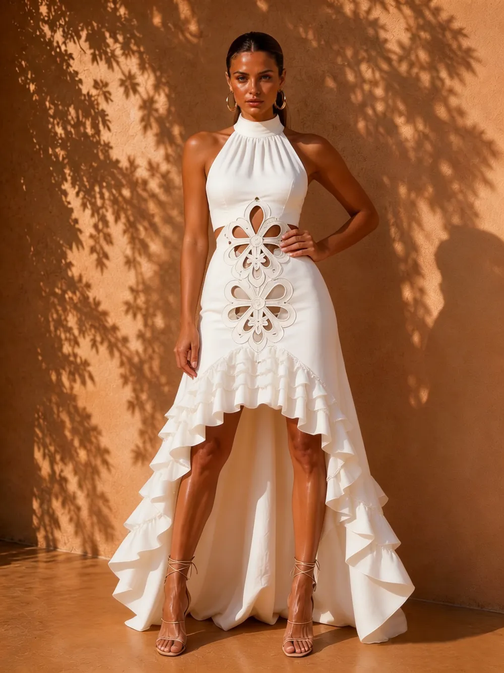 Liliana Halter Hollow-Out Irregular Maxi Dress In White
