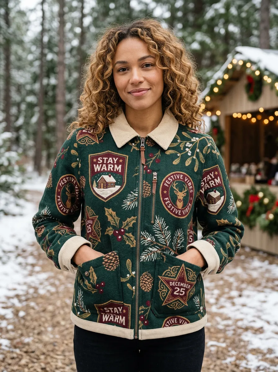 Christmas Holiday Deer Cabin Print Zip-up Jacket