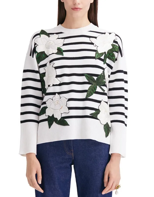 Embroidered Ribbed Wool Blend Sweater