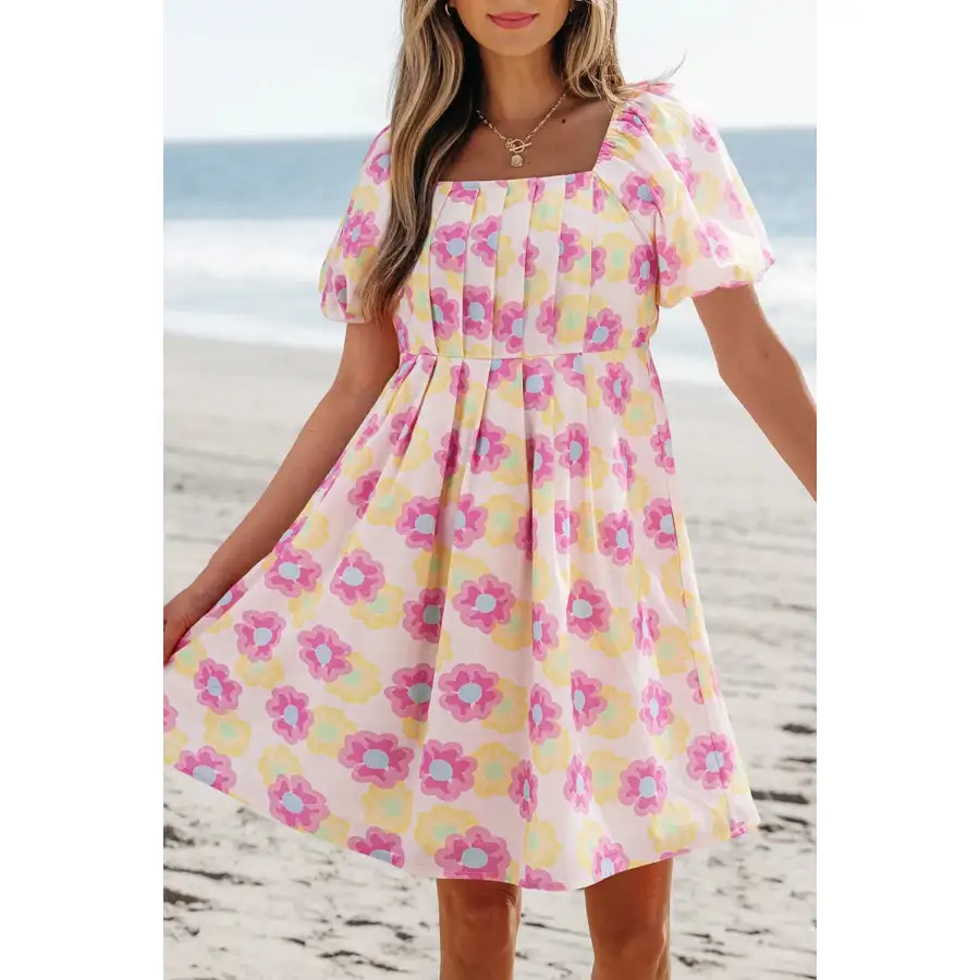 Square Neck Puff Sleeve Pleated Flared Midi Dress