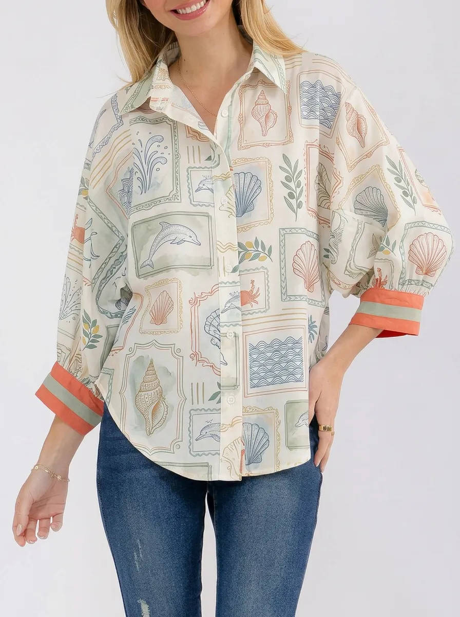 Women's Coastal Beach Lover Seashell Dolphin Printed Shirt
