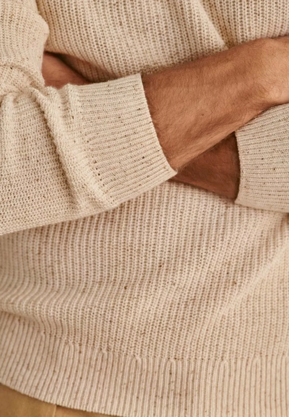 Natural Beige Ribbed Knit Crew Neck Sweater