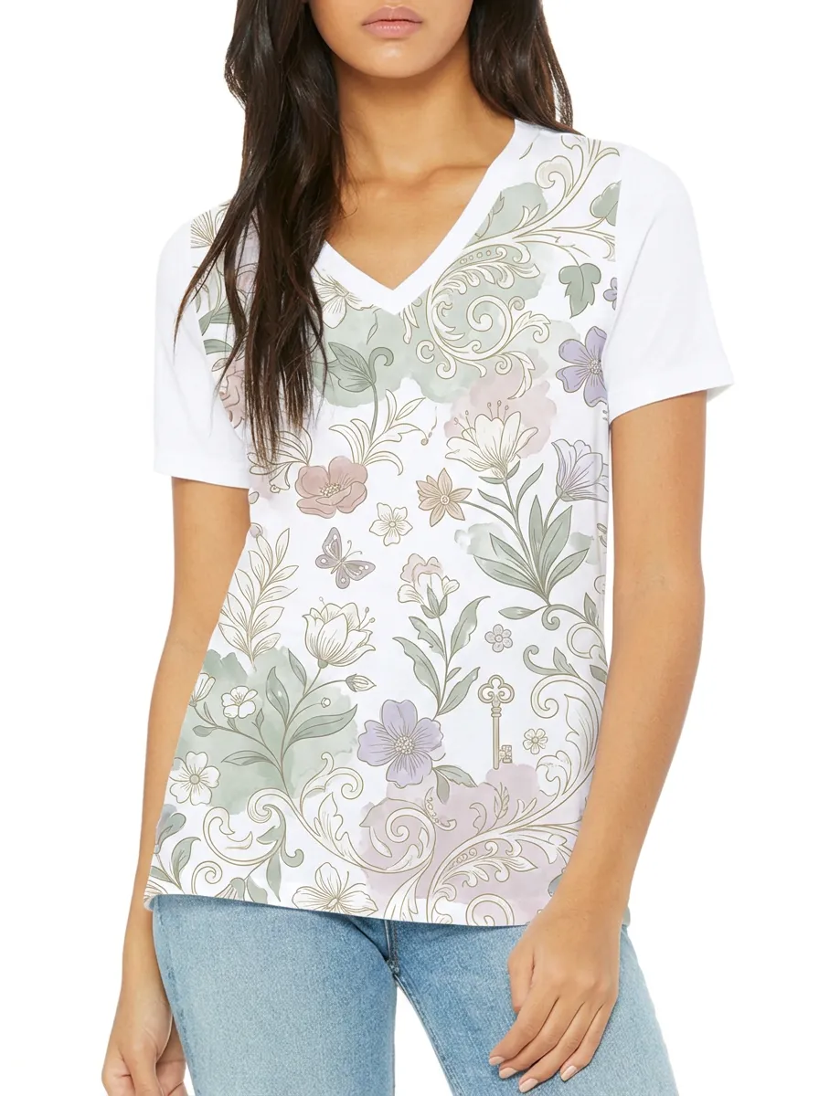Women's Floral Butterfly Key Pattern Printed V-neck T-shirt