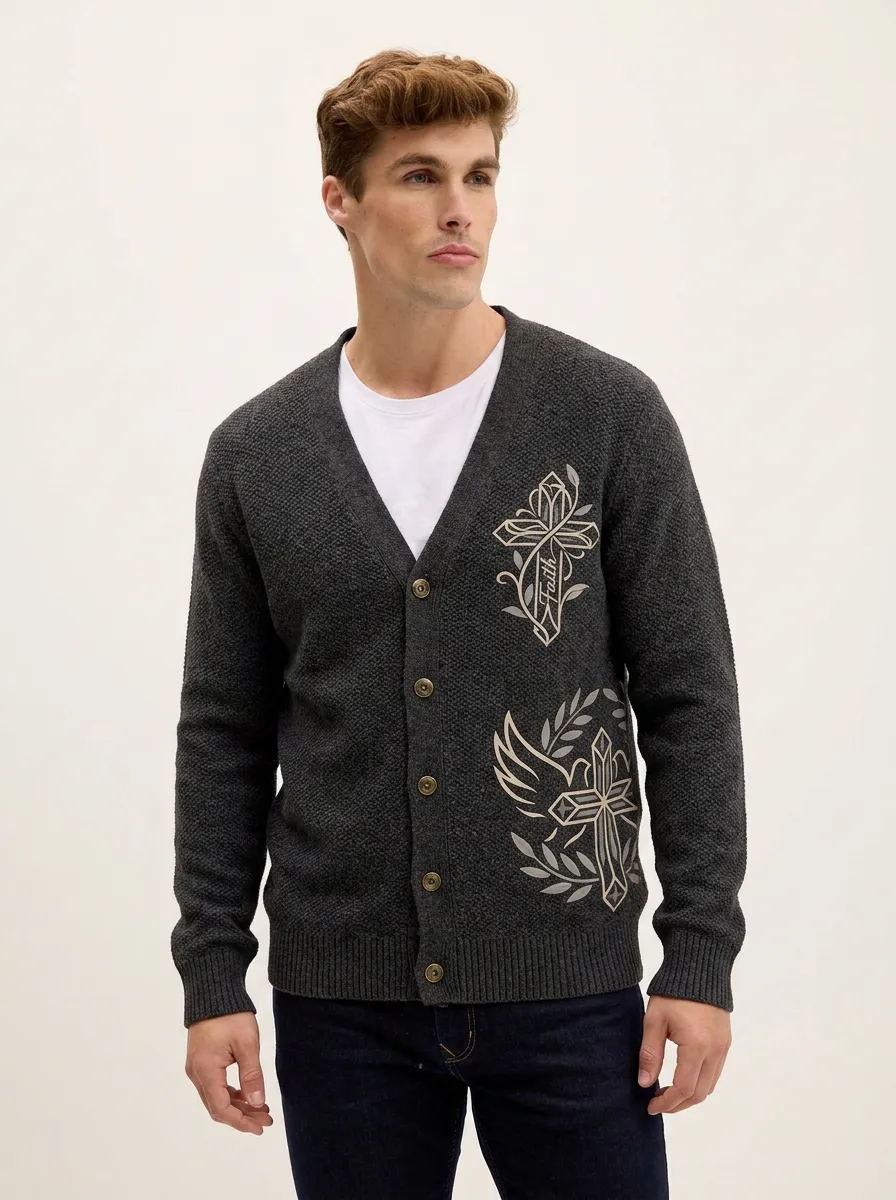 Men's Faith Religious Cross Wing Printed Cardigan