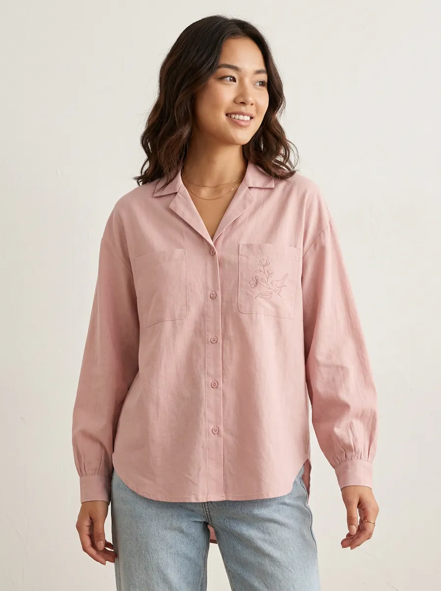 Women's Floral Bird Minimalist Embroidered Pink Button-up Shirt