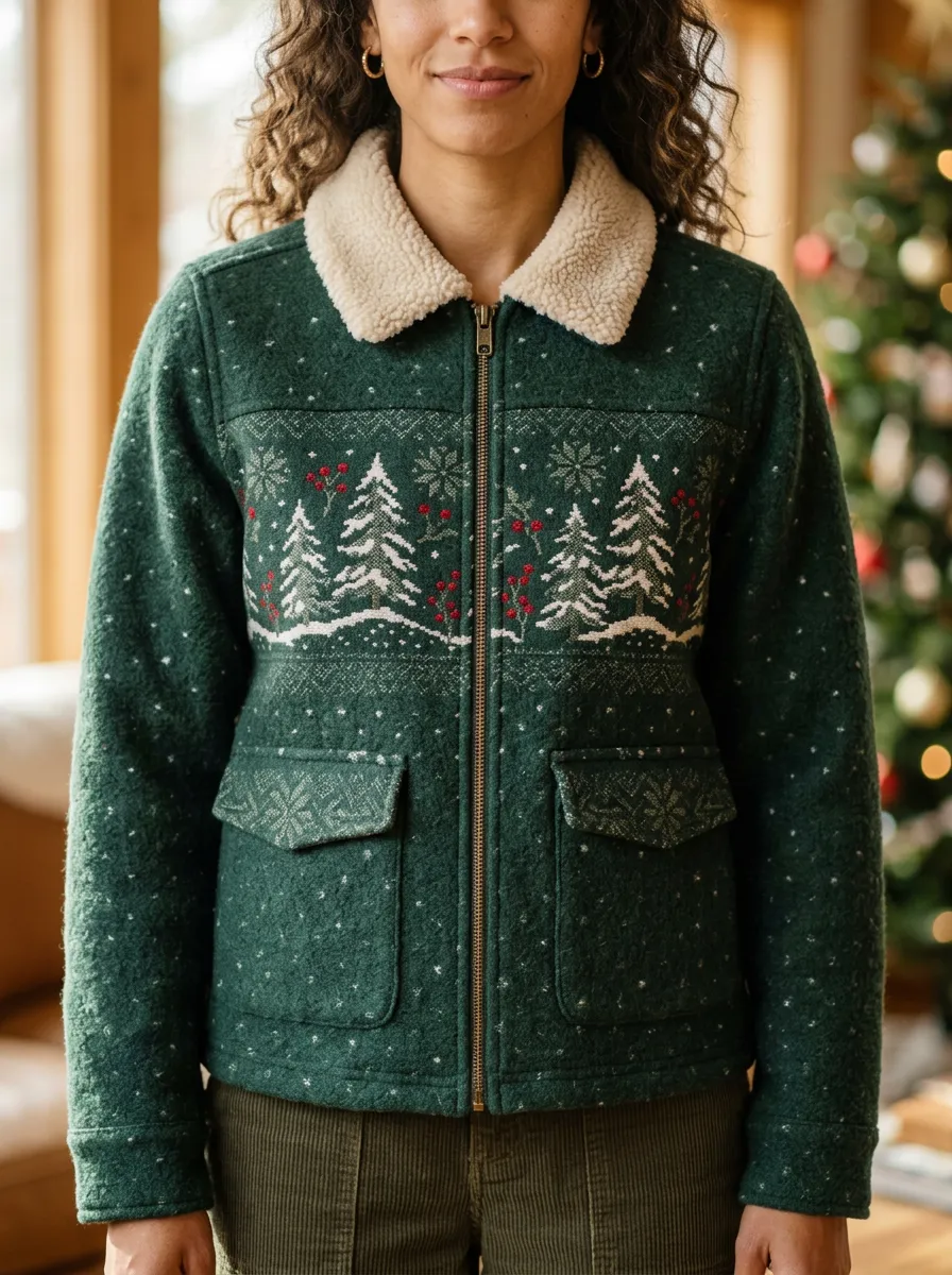 Christmas Holiday Pine Tree Berry Print Sherpa Collar Jacket