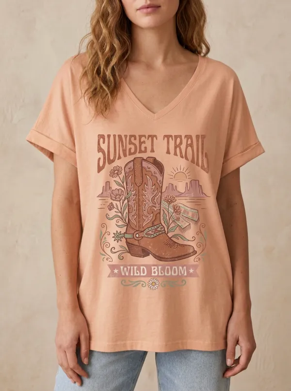 Women's Western Cowboy Boot Sunset Trail Floral Printed V-Neck T-Shirt