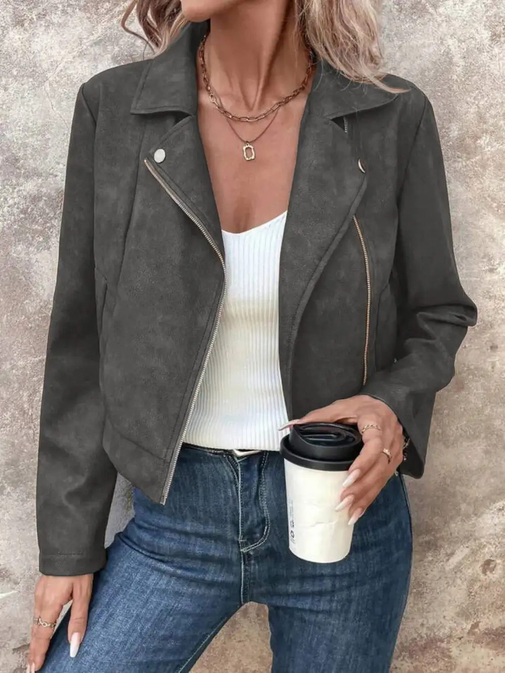 Zip Up Suede Cropped Moto Jacket