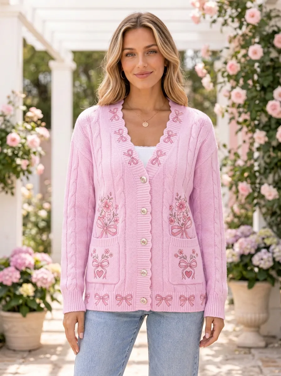 Women's Delicate Floral Coquette Ribbon Bow Printed Cardigan