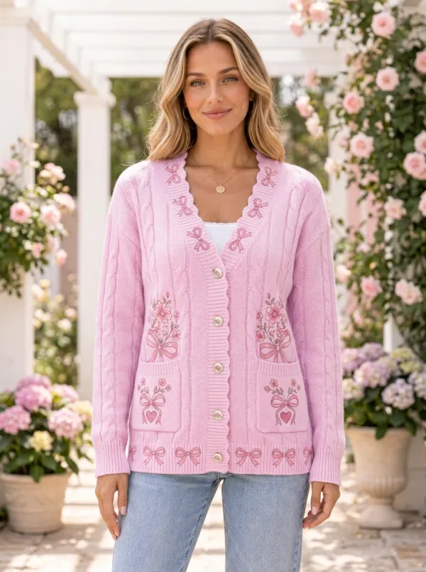 Women's Delicate Floral Coquette Ribbon Bow Printed Cardigan