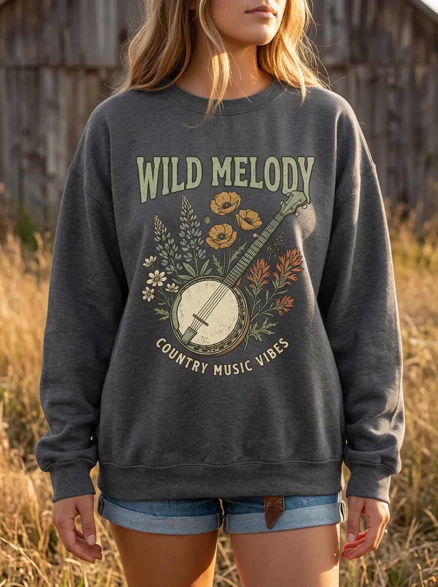 Country Music Banjo Floral Wild Melody Crew Neck Sweatshirt