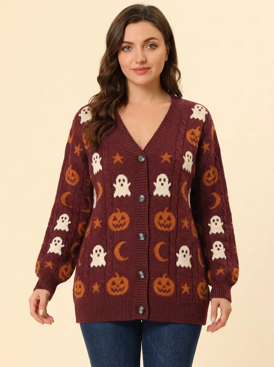 Women's Halloween Ghost Pumpkin Pattern Knitted Cardigan
