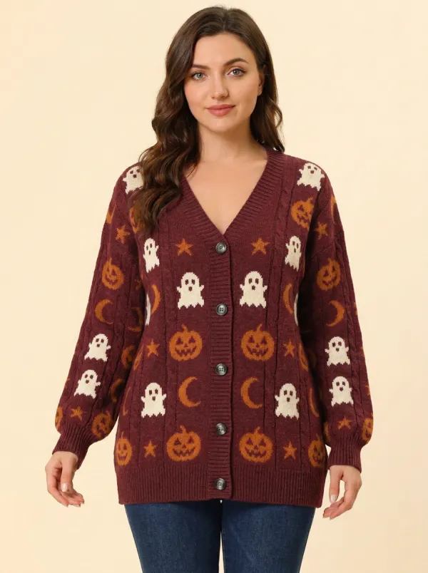 Women's Halloween Ghost Pumpkin Pattern Knitted Cardigan
