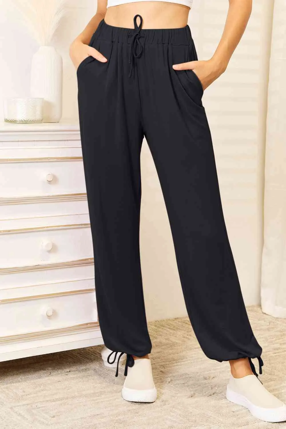 Full Size Soft Rayon Drawstring Waist Pants With Pocket