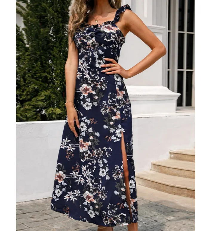 Sleeveless Square Neck Slit Midi Dress
