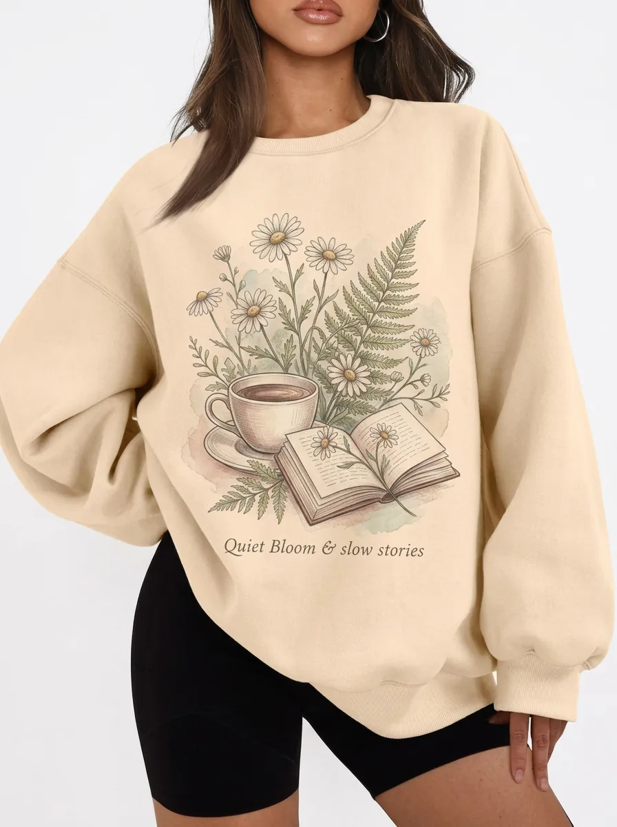 Women's Book Lover Coffee Daisy Floral Printed Sweatshirt