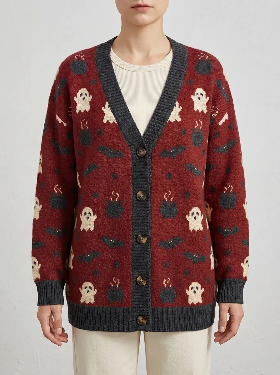 Women's Halloween Ghost Bat Cauldron Pattern Knitted Cardigan