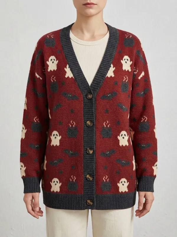Women's Halloween Ghost Bat Cauldron Pattern Knitted Cardigan