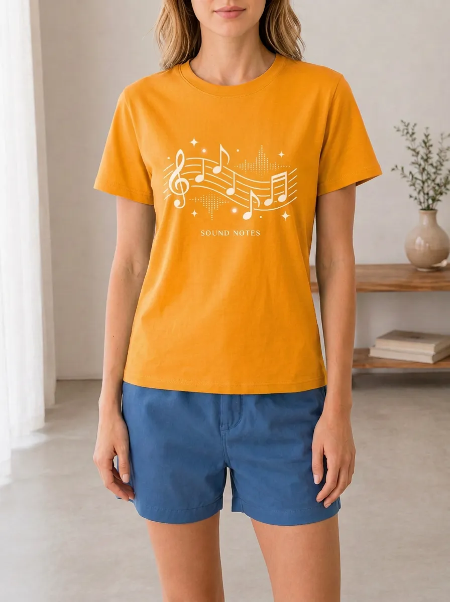 Women's Music Lover Sound Notes Musical Staff Printed T-shirt